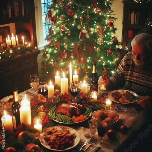 Fototapeta An old man eating alone on Christmas Eve with a table full of candles and decorations