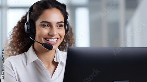 Fototapeta Friendly customer service rep with headset. Perfect for corporate communication themes.