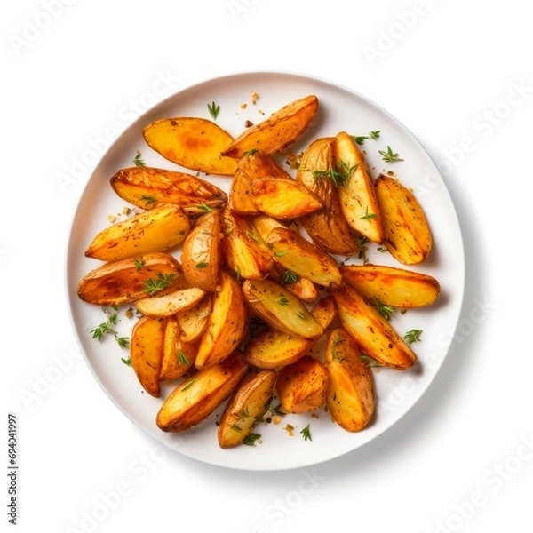 Obraz Plate of potato wedges on white background, top view.