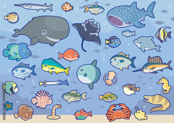 Obraz かわいい海の生き物のセットイラスト