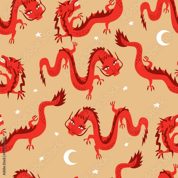 Fototapeta Seamless pattern with asian dragons. Chinese lunar new year. Vector flat background