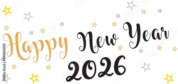 Obraz Card design with handwritten inscription 2026 plus golden stars and the inscription happy new year. EPS vector illustration 