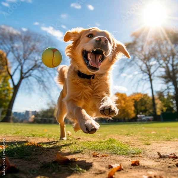 Fototapeta Funny Golden Retriever dog playing with a ball outside on the background of a green park with a sunlit field, Pet Games, Dog Sports, Active Lifestyle, Pet Health