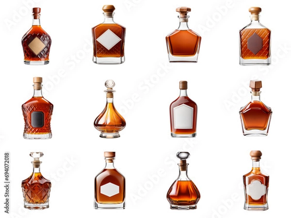 Fototapeta Big set of various cognac or brandy bottles mockups isolated on transparent background. High resolution