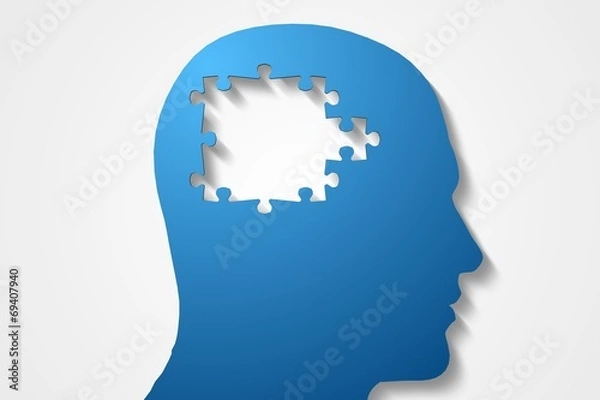 Fototapeta Blue jigsaw head with missing pieces