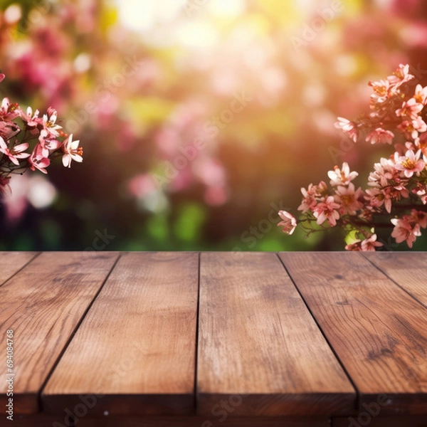 Fototapeta Empty wooden table top with flower and bokeh on blur background An empty wooden counter table top for product display Ai generated