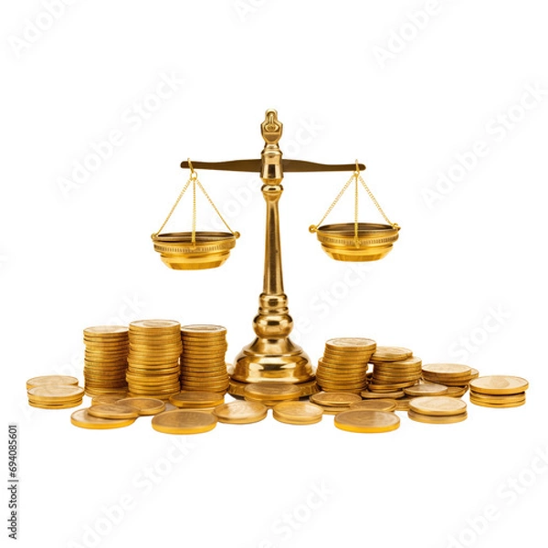 Fototapeta Scales of justice and gold coins isolated on transparent background.