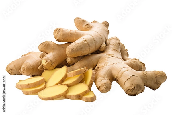 Obraz Fresh ginger rhizome sliced with an isolated white background