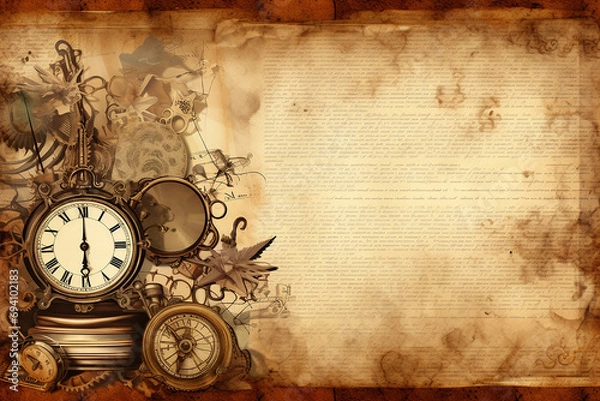 Fototapeta Elegant rustic and vintage pocket watch with Golden Accents on a Vintage Background