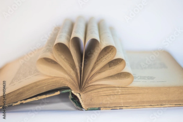 Obraz Old, open book arranged in a decorative form, white background, selective focus
