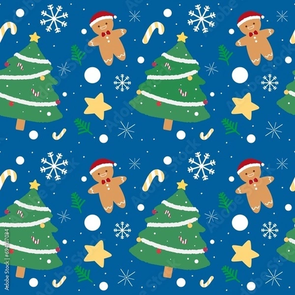 Fototapeta Marry Christmas tree snowman star and snowflake pattern seamless