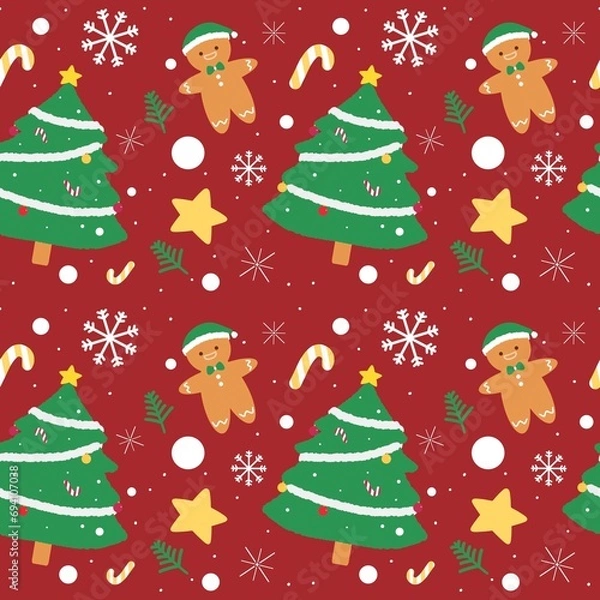 Fototapeta Marry Christmas tree snowman star and snowflake pattern seamless