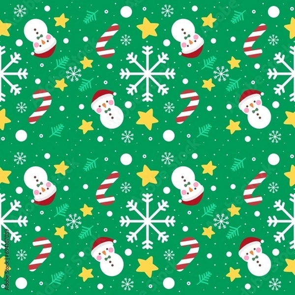 Fototapeta Marry Christmas tree snowman star and snowflake pattern seamless