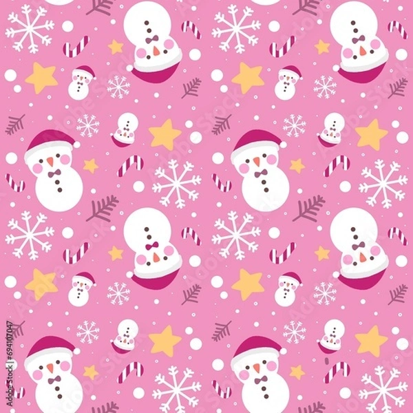 Fototapeta Marry Christmas tree snowman star and snowflake pattern seamless