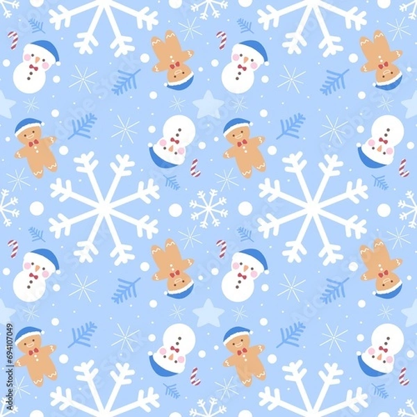 Fototapeta Marry Christmas tree snowman star and snowflake pattern seamless