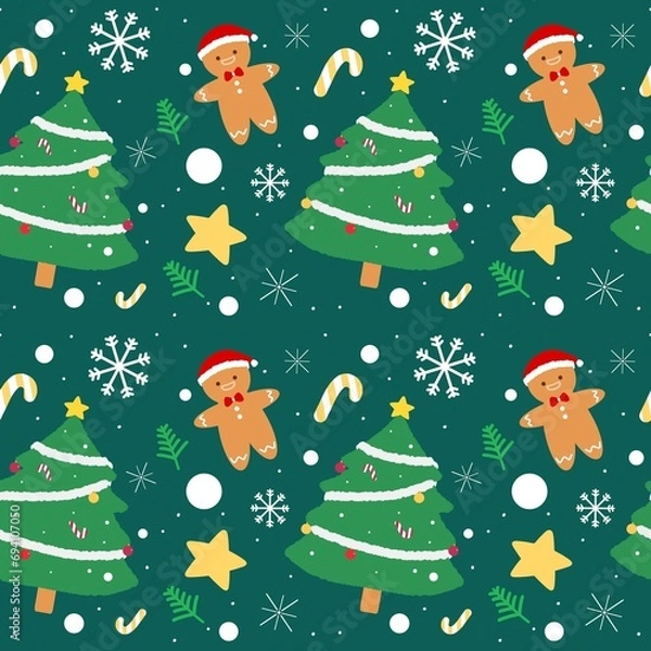 Fototapeta Marry Christmas tree snowman star and snowflake pattern seamless