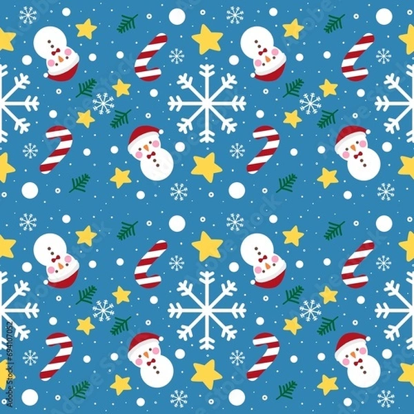 Fototapeta Marry Christmas tree snowman star and snowflake pattern seamless