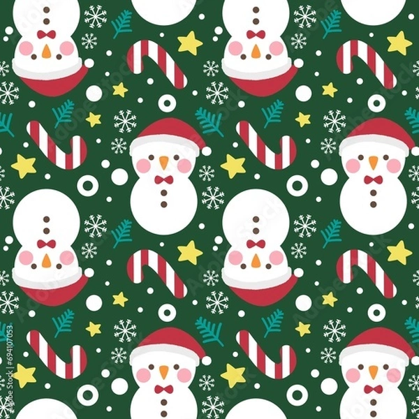 Fototapeta Marry Christmas tree snowman star and snowflake pattern seamless