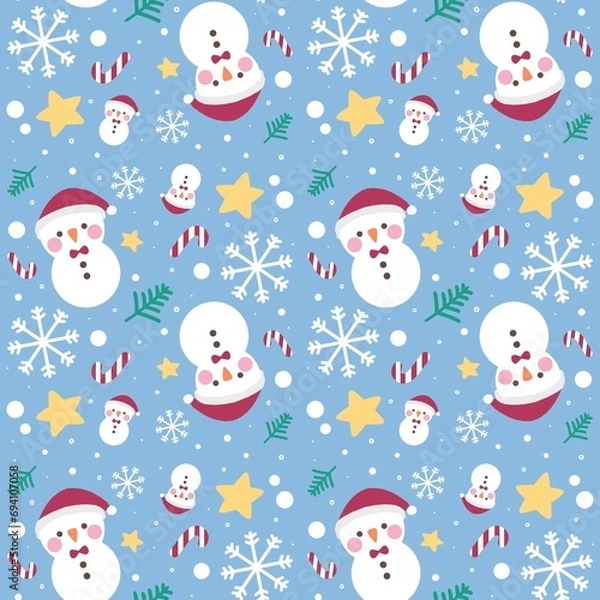 Fototapeta Marry Christmas tree snowman star and snowflake pattern seamless