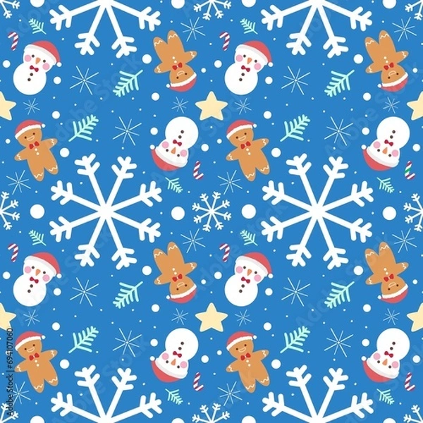 Fototapeta Marry Christmas tree snowman star and snowflake pattern seamless