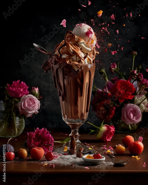 Fototapeta 
Chocolate ice cream in a vase with a little splashing effect splashing topping blurring the background AI Generated