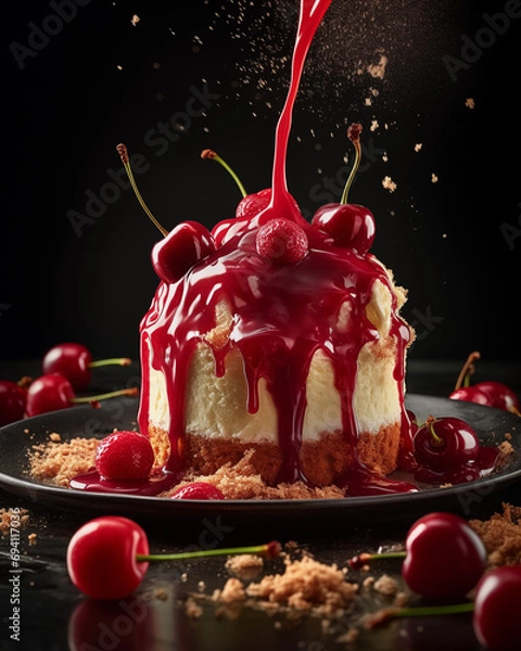 Fototapeta Cheese cake with a little splashing effect as the cherry topping is poured over the creamy dessert AI Generated 