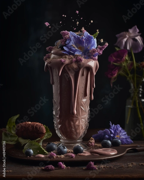 Fototapeta Milkshake smoothie that is overflowing with chocolate sauce detailed and eleganplaced on a round  tray AI Generated