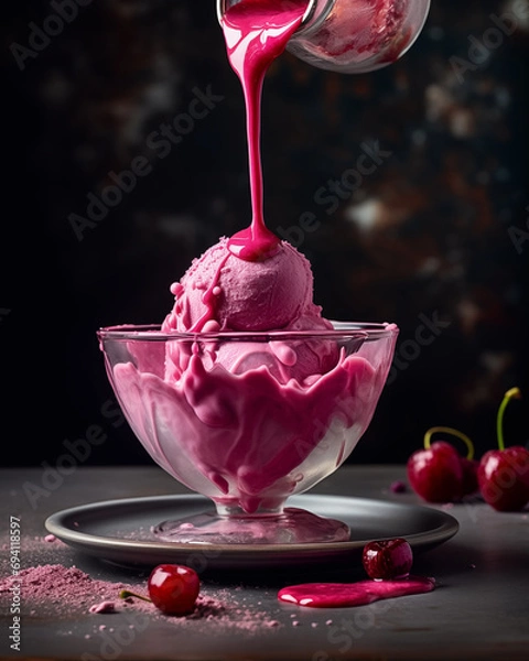 Fototapeta Ice cream that is overflowing with chocolate sauce detailed and eleganplaced on a round tray AI Generated