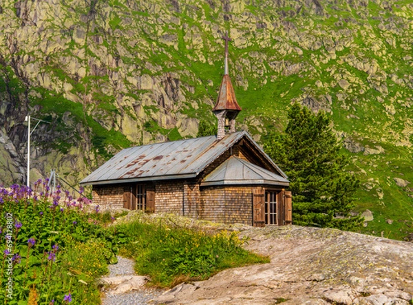 Obraz Old wooden church in the Swiss mountains