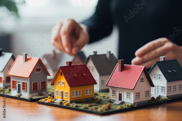 Fototapeta Close up of buyer realtor hand pointed on home of their dream
