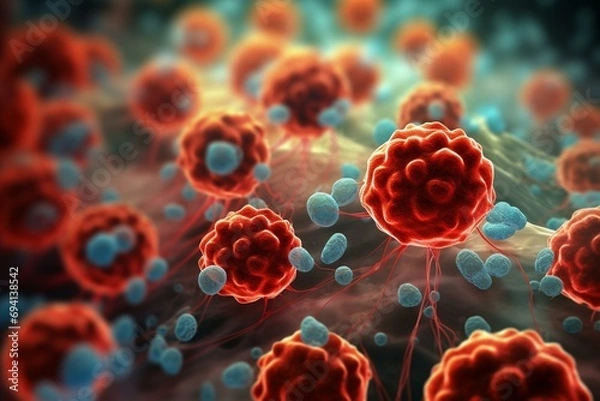 Obraz 3D illustration showing carcinoma cells field in kidney cancer from a top view. Generative AI