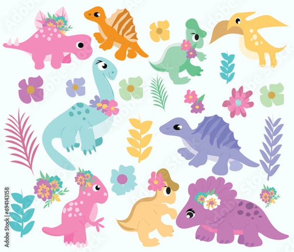 Obraz Dinosaur  clipart,Vector illustration of dinosaurs including Stegosaurus, Brontosaurus, Velociraptor, Triceratops, Tyrannosaurus rex, Spinosaurus, and Pterosaurs.