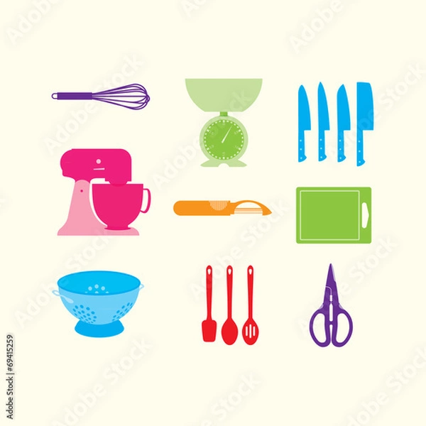 Fototapeta Nine colourful vector kitchen utnesils on a cream background