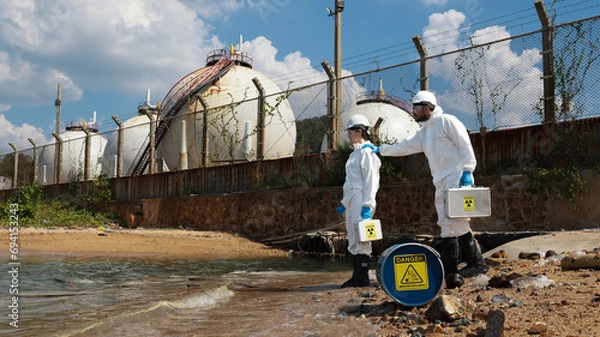 Fototapeta Ecologists in protective suits working  near the coastline and taking samples of water for analysis