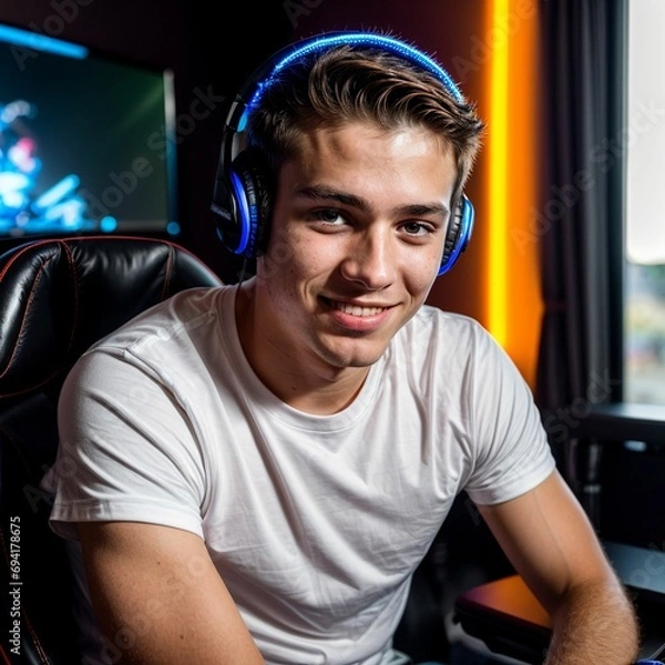 Fototapeta a young programmer developer gamer, a cool, geeky nerd playing online games on webcam communicating with other players