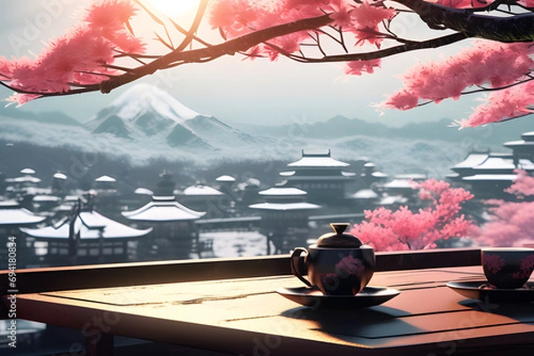 Fototapeta calming-tea-time-on-snowy-day-in-japan-with-wide-land-scape. Generative AI