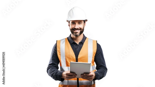 Fototapeta Happy smart engineer man smiling isolated without background.