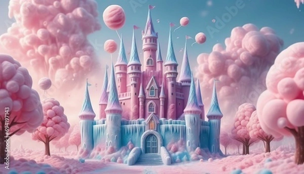 Fototapeta 3D rendering of a fairy tale castle with cotton candy clouds.