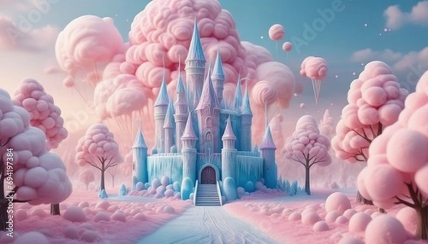 Fototapeta 3D rendering of a fairy tale castle with cotton candy clouds.