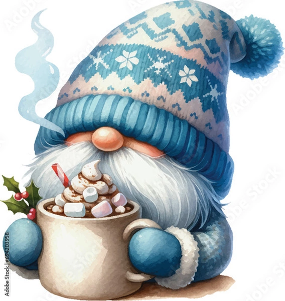 Obraz Blue Winter Gnome Wonderland Watercolor Illustration. Cute Whimsical gnome holding a steaming mug of hot cocoa, complete with marshmallows Clipart. Sublimation for t-shirt, stickers, Journal and more.