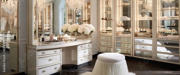 Fototapeta Craft an image of a chic dressing room with a mirrored vanity, crystal drawer pulls, and custom-built closet space, radiating glamour.