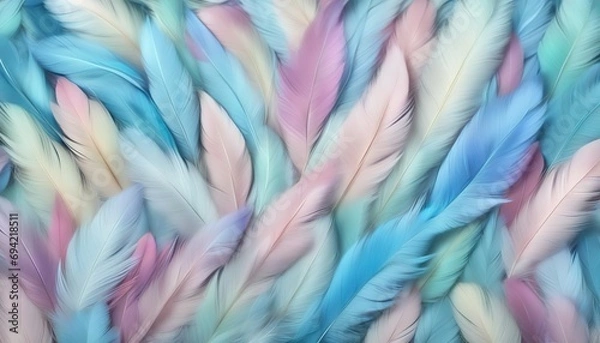 Fototapeta Background of multicolored small pastel colored feathers top view.