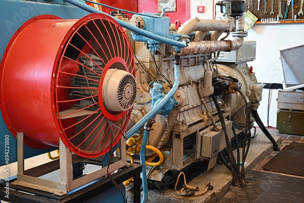Fototapeta old diesel generator close-up. emergency light shutdown. alternative power.