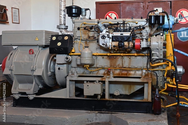 Fototapeta old diesel generator close-up. emergency light shutdown. alternative power.