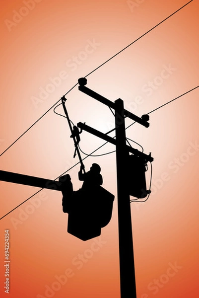 Fototapeta Silhouette of power lineman uses a clamp stick grip all type to install the line cover on energized high-voltage electric power lines. To change the lightning arresters that is damaged.