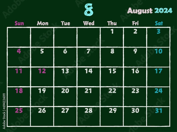 Fototapeta 2024年8月黒板カレンダー