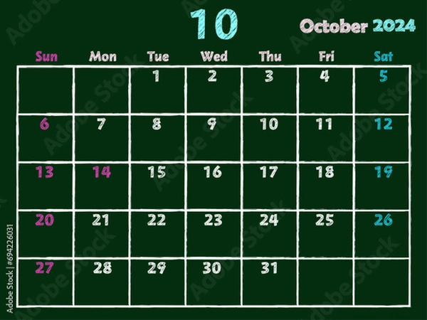 Fototapeta 2024年10月黒板カレンダー