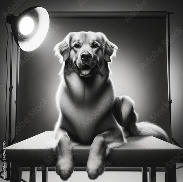 Obraz Golden retriever dog sitting on sofa