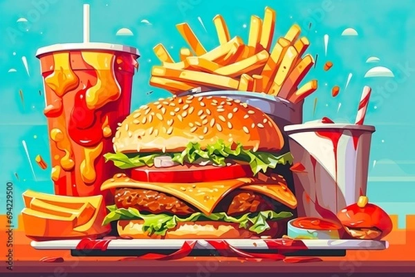 Obraz set of delicious fast food with burger, fries and drinks illustration