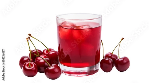Fototapeta A glass of cherry juice with ice and cherries, refreshing and vibrant, isolated in the image